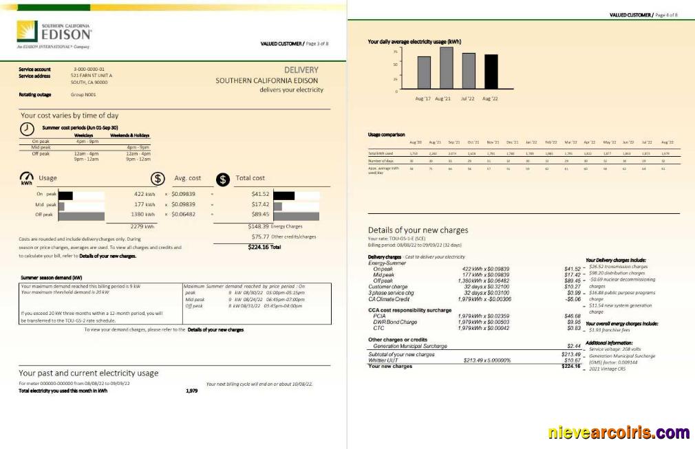 USA Southern California EDISON utility bill, 8 pages 3 4